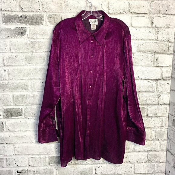 Vintage Purple Semi Sheer Shimmery Satin Button Up French Cuff Tunic Top Blouse - Picture 1 of 14